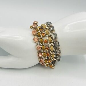 Multichain Beaded Crystal Leather Gold Chain Magnetic Bracelet Pink Orange Gray